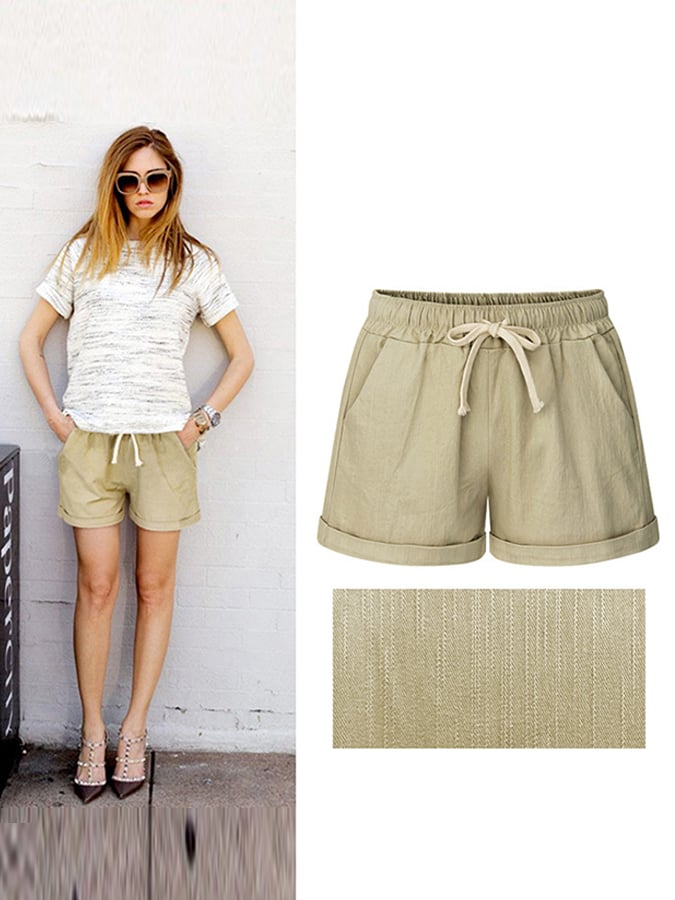 Women's Casual Solid Tie Slub Cotton Shorts