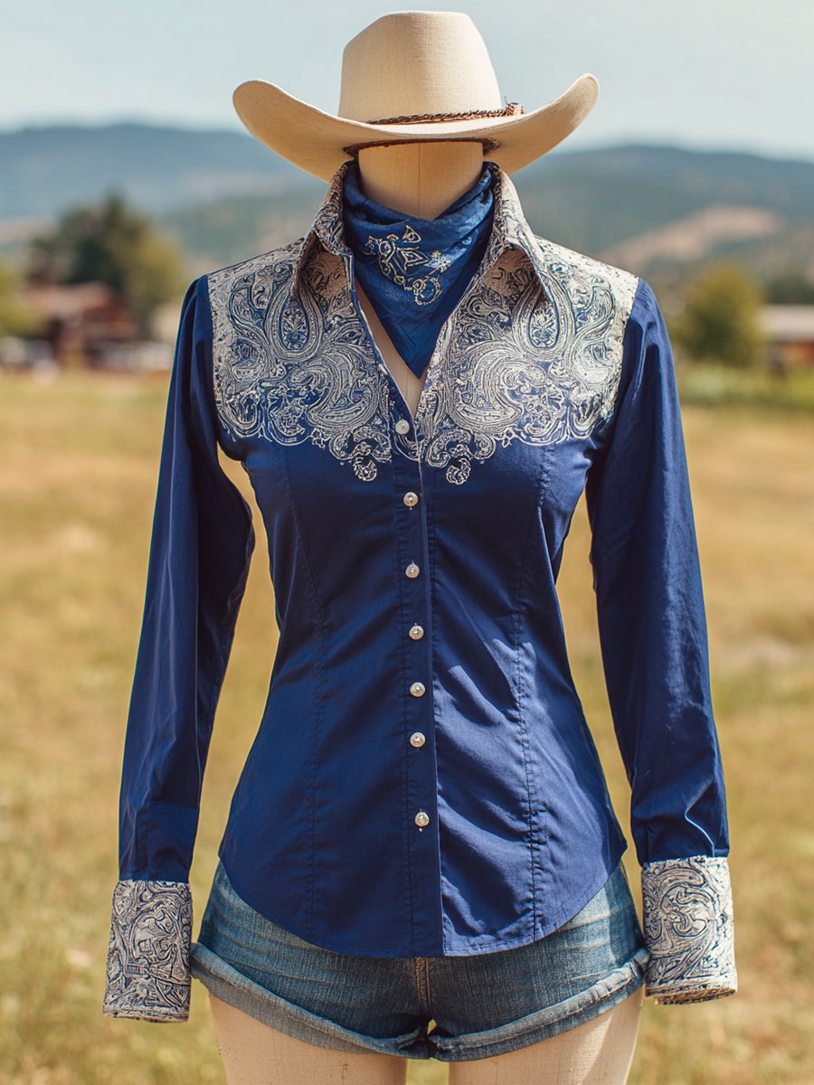 Women's Vintage Blue Floral Western Long Sleeve Shirt