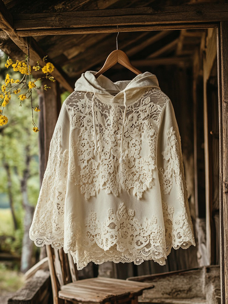 Women's Retro Floral Lace Embroidery Patchwork Art Hoodie
