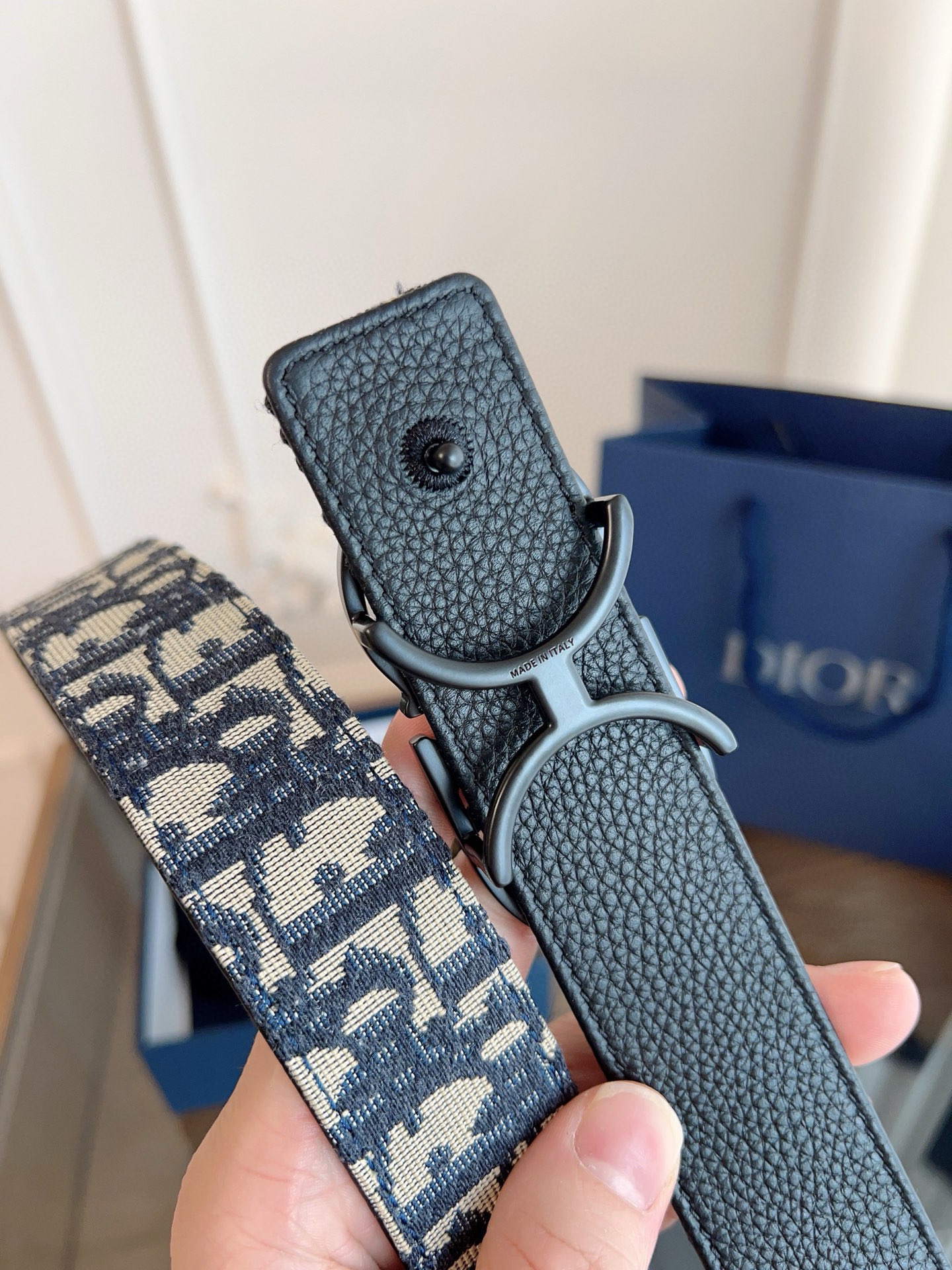 Dior Oblique Blue Cloth Black Cowhide Leather Strap 3.5cm Wide