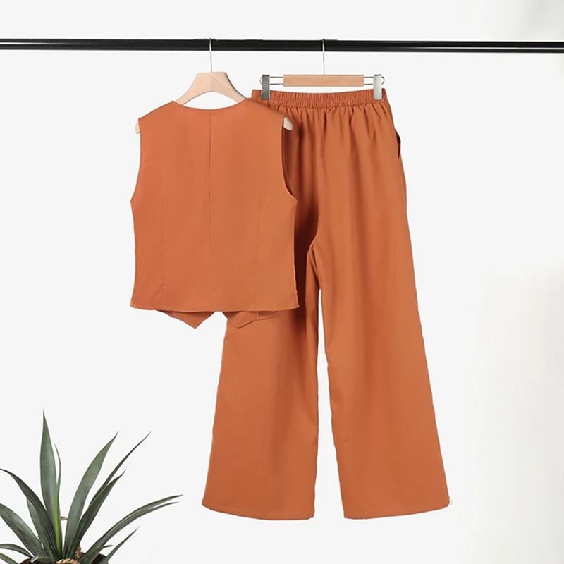 💕Button Down Vest and Wide Leg Pants 2 Piece Set (Buy 2 Sets Free Shipping)