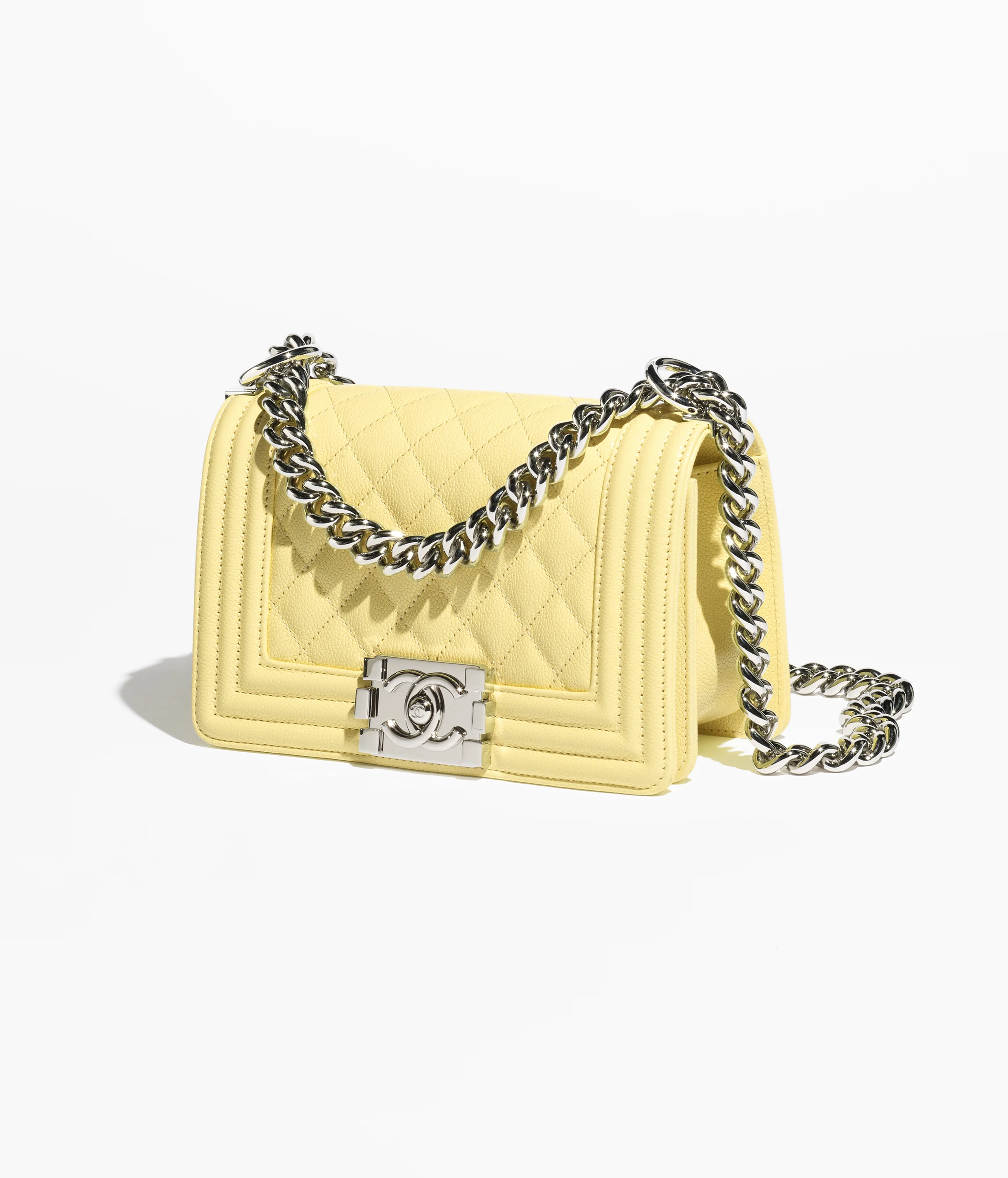 CHANEL Small BOY CHANEL Handbag Shiny Grained Calfskin & Silver-Tone Metal Light Yellow A67085-B15536-NAAUK