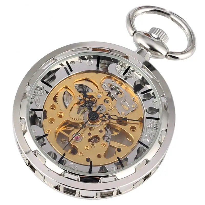 Silver Hand-winding Mechanical Pocket Watch Open Face Skeleton Timepiece Men Women Collectable Clock with Pendant Chain reloj