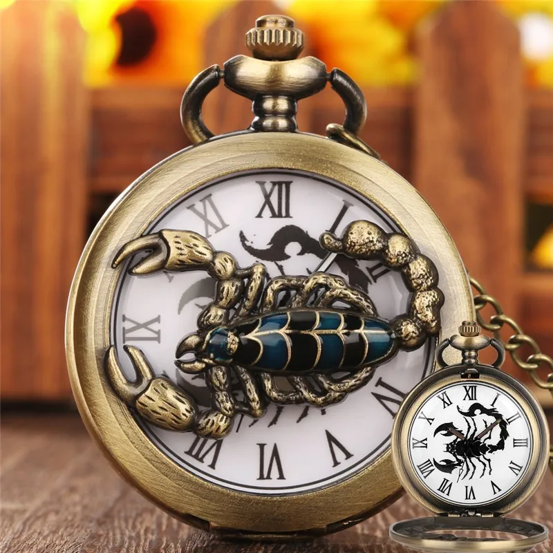 Bronze Half Hunter Roman Numerals Analog Quartz Pocket Watch for Men Women Hollow-out Scorpion Design Sweater FOB Chain Gift