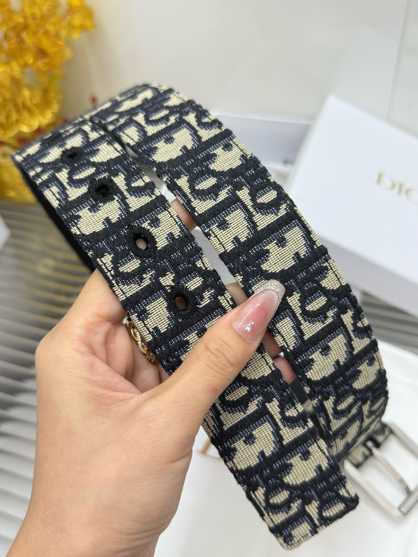 Dior pin buckle canvas leather belt 3.5CM wide