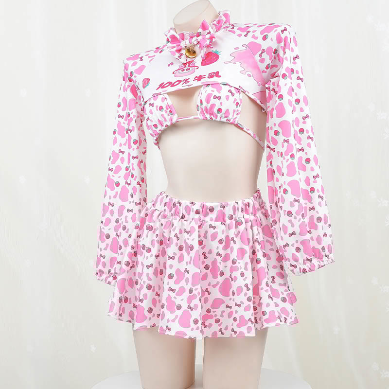 Cosplay Cow Strawberry Letter Print Bikini Uniform Lingerie Set