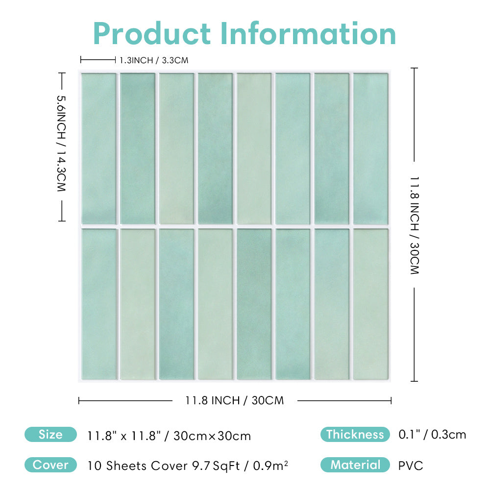 3D Light Green Gradient Linear Mosaic Peel and Stick Wall Tile