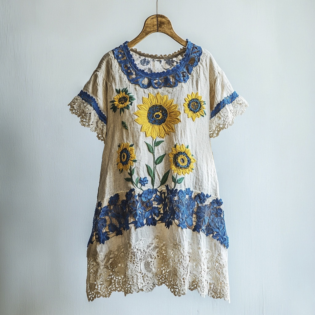 Sunflower Vintage Lace Embroidery Patchwork Women's Linen Dress