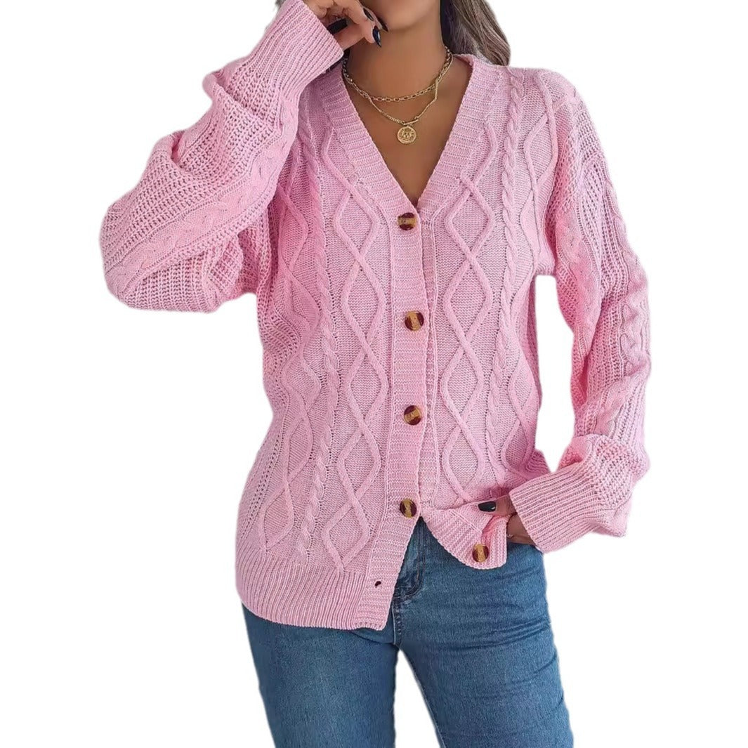 V-neck Lantern Sleeve Twist Button Sweater Coat for Women | Stylish Knitwear