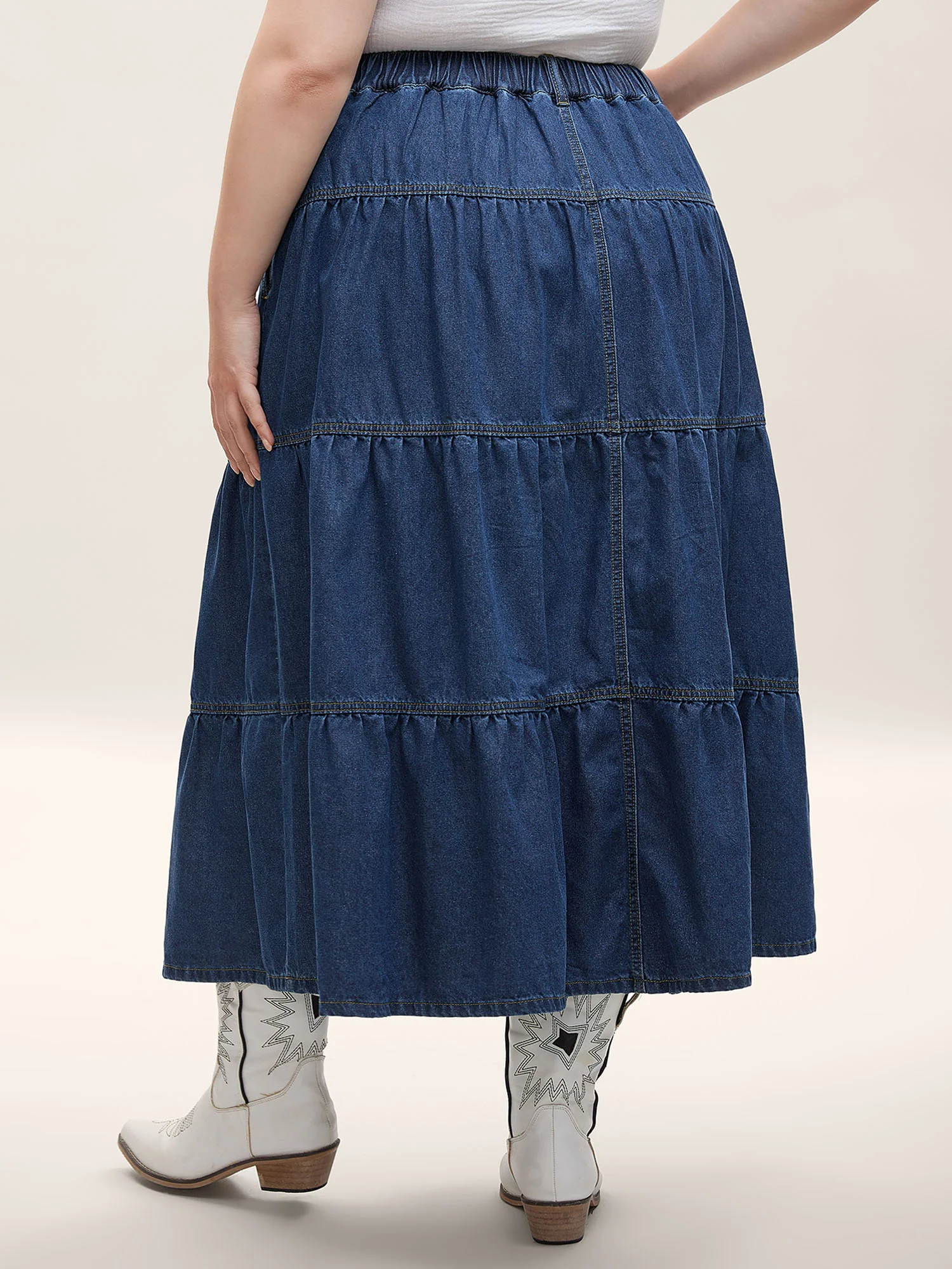 Seamed Tiered A-Line Denim Maxi Skirt