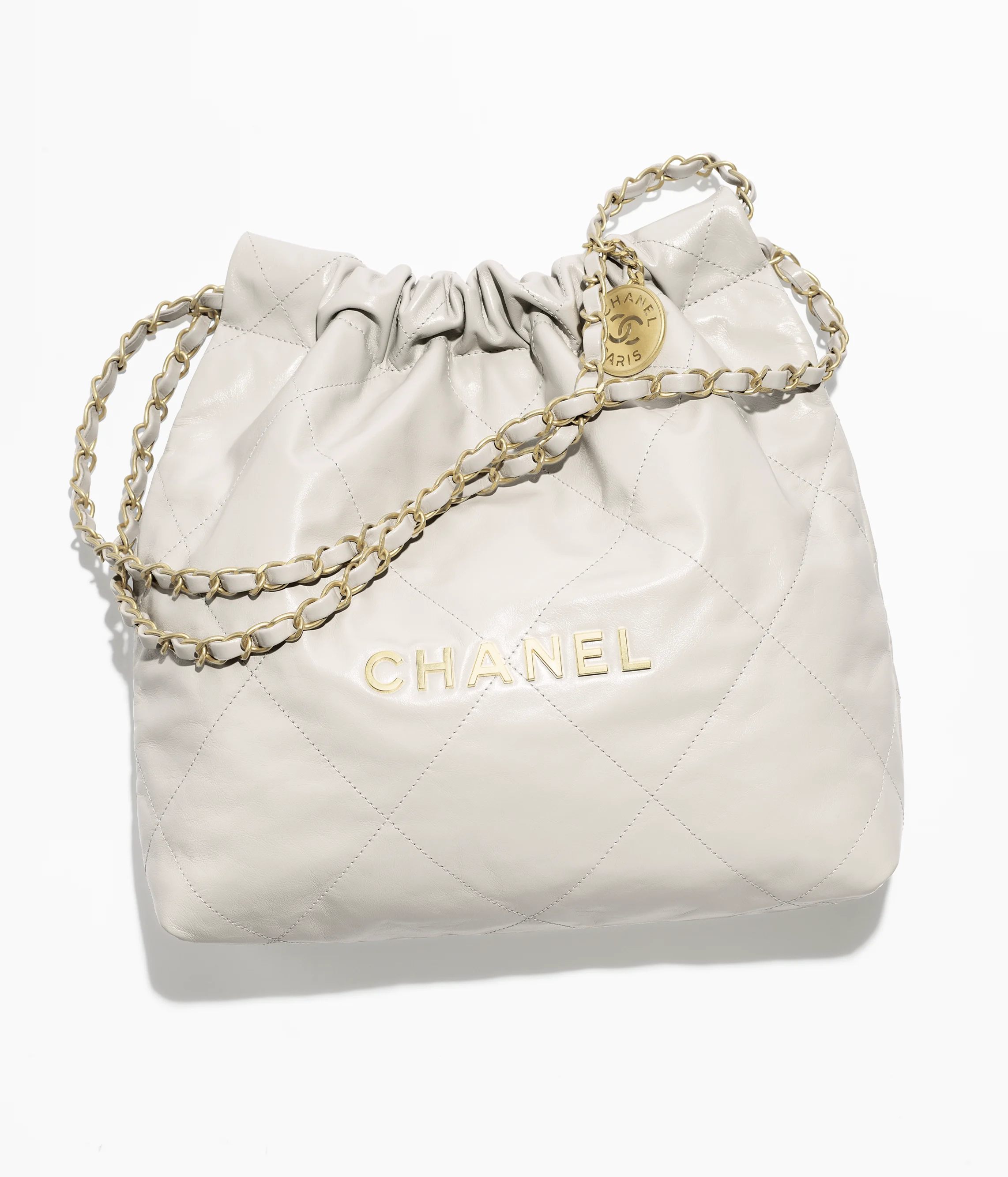 CHANEL 22 Small Handbag Shiny Calfskin & Gold-Tone Metal Light Gray AS3260-B19059-NAAUH