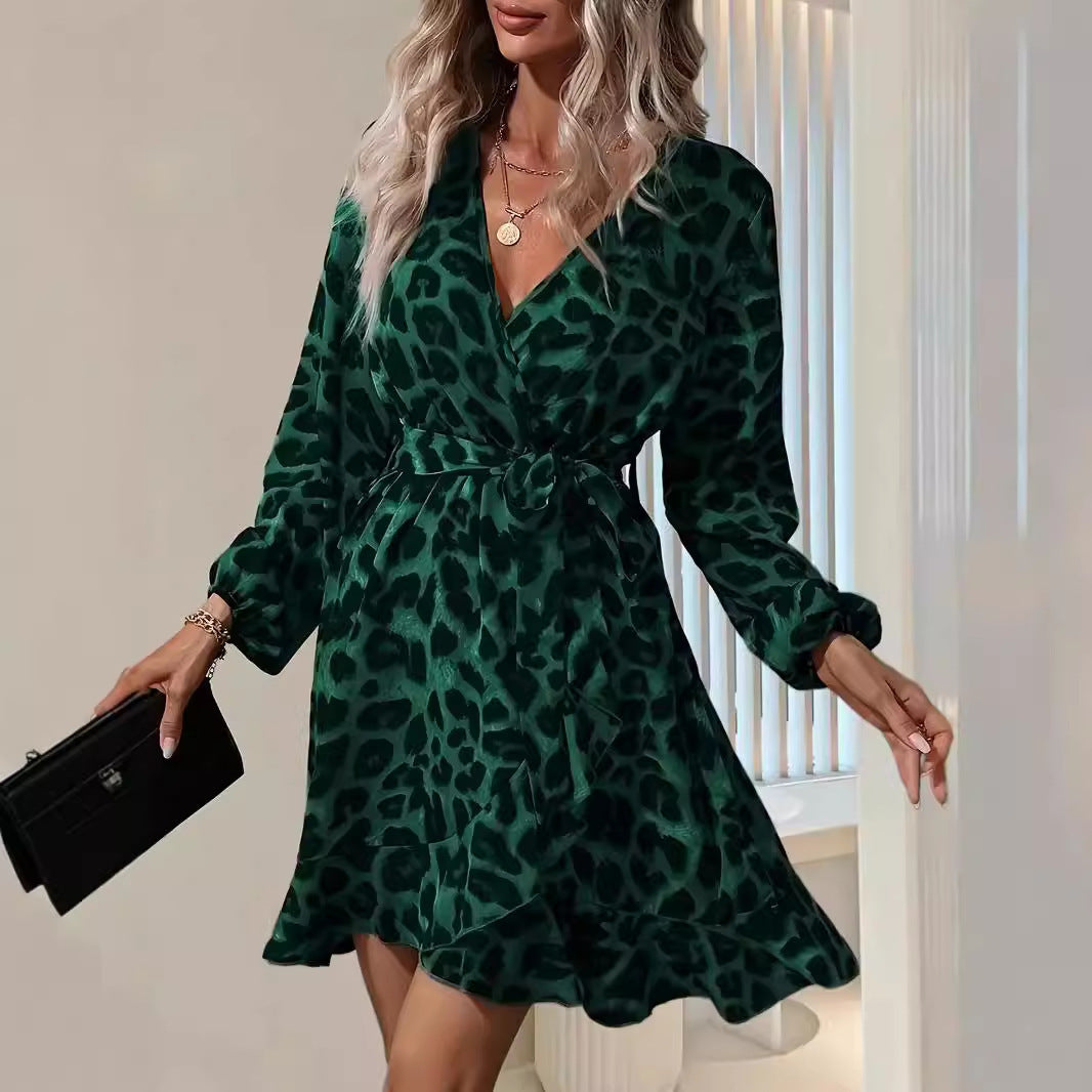 European and American Leopard Print V-Neck High-Waisted Lace-Up Irregular Dress for Women