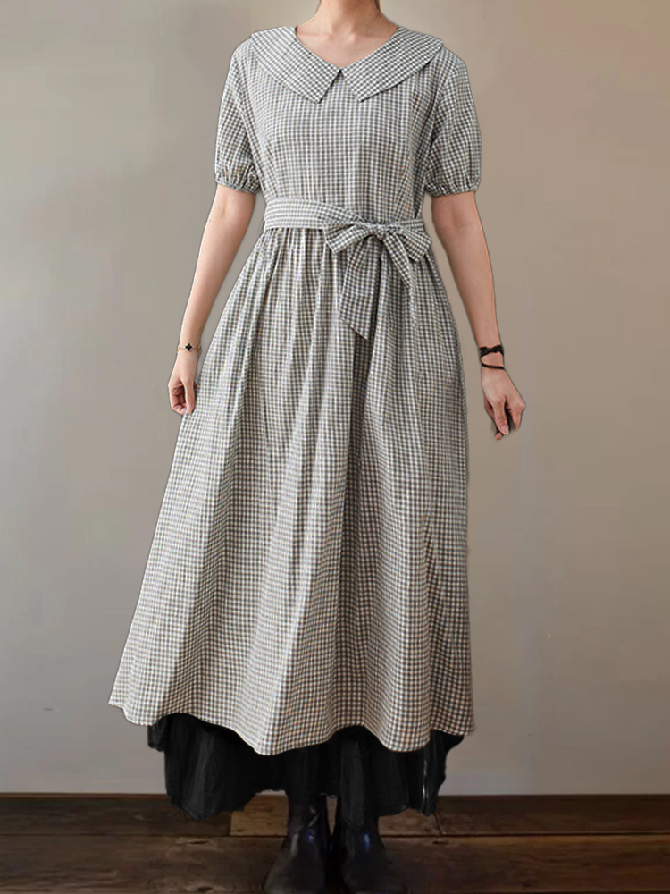 Vintage Check Tied Pleated Maxi Dress