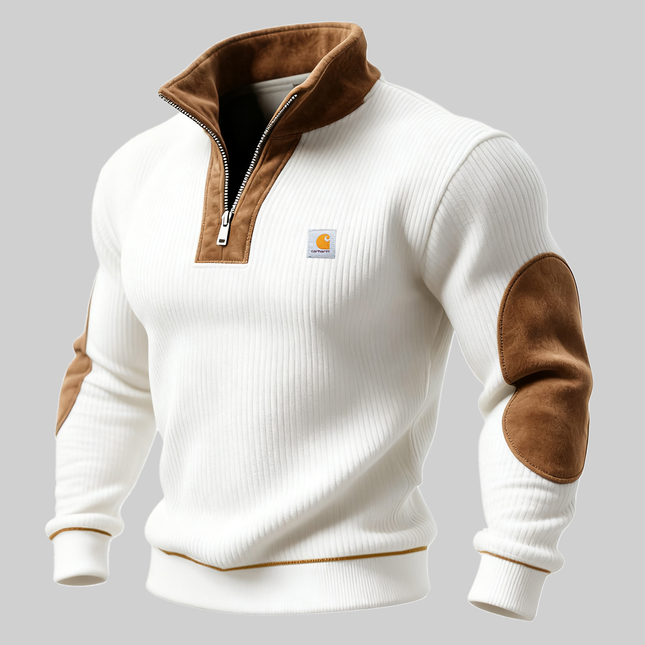 Men's Half-Zip Ribbed Pullover with Elbow Patches - Perfect for Casual and Outdoor Activities
