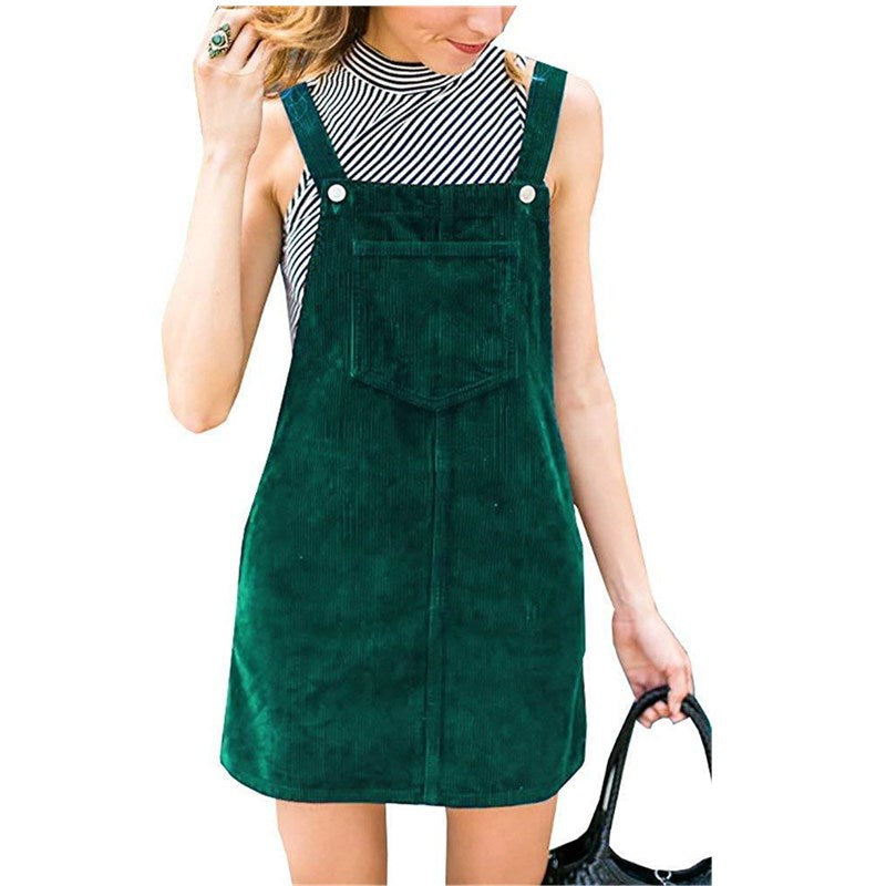 Solid Color Corduroy Suspender Dress for Women with a Halter Neck