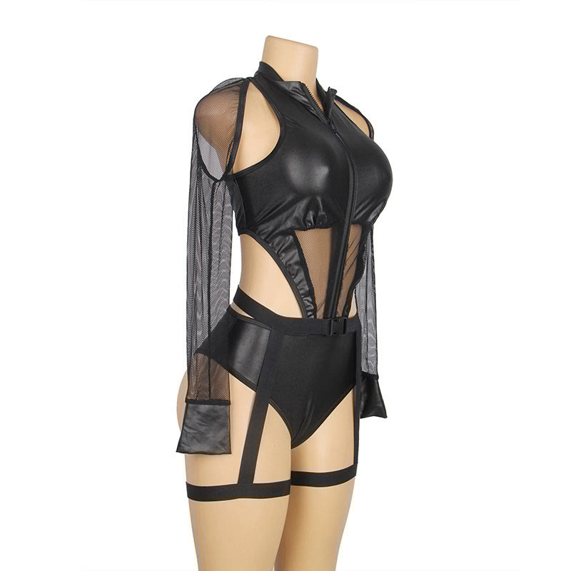 Cosplay Kitty See-through Zipper Jumpsuit Lingerie Set