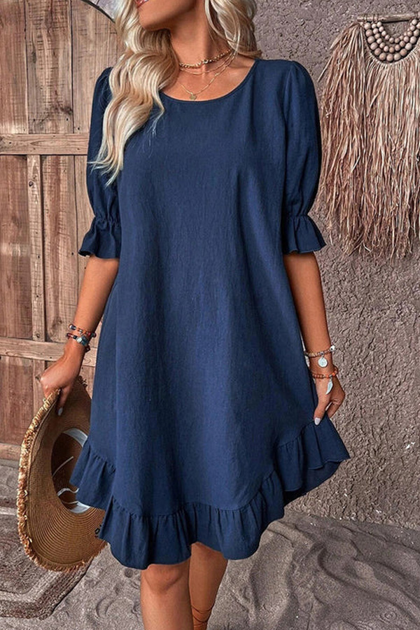Solid Round Neck Ruffle Hem Linen Dress
