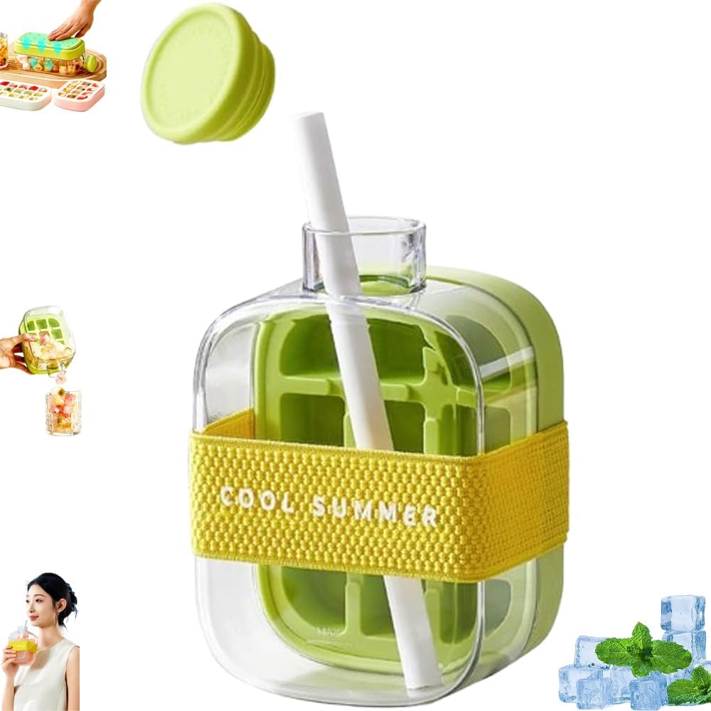2-in-1 Ice Cube Water Bottle - Freeze & Sip with Touch-Free Release with Lid, Straw & Ice Bin