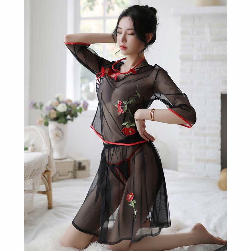 Vintage Floral Embroidery Transparent Mesh Hanfu Lingerie Set