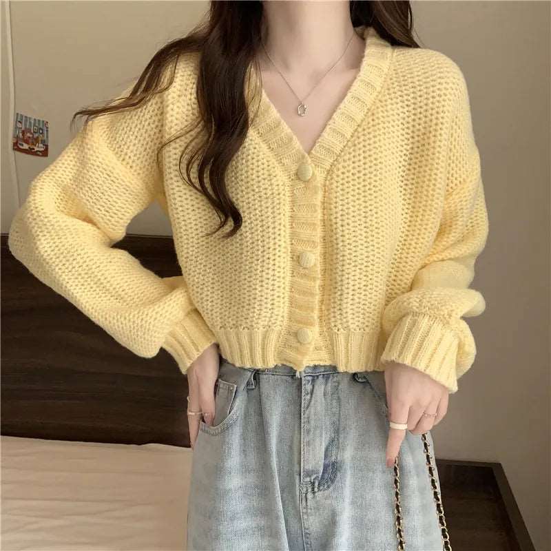 Button-Up V-Neck Knit Cardigan