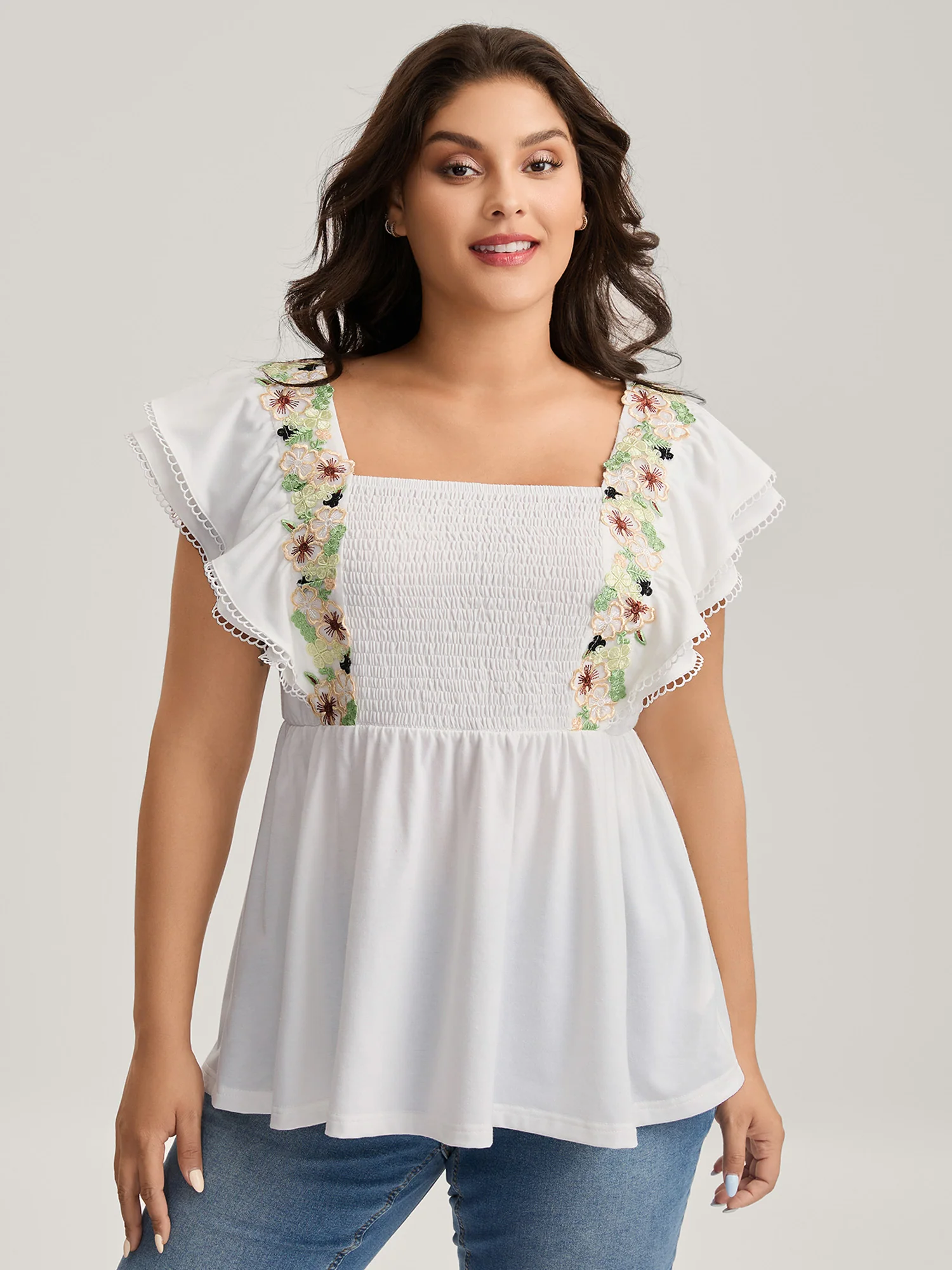 Floral Lace Stretchy Shirred Tank Top