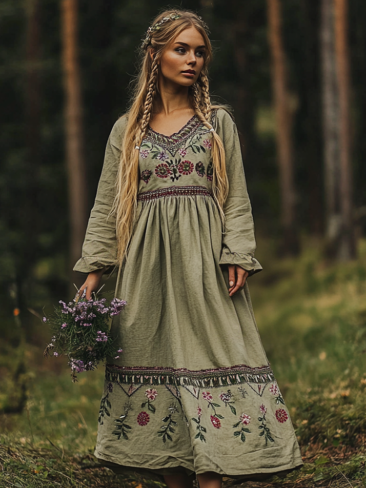 Women's Vintage Cotton Linen V-neck Embroidered Floral Dress