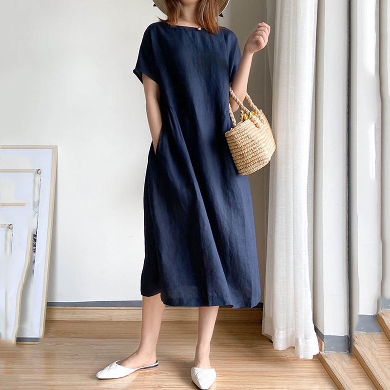 Casual Loose Short Sleeve Solid Color Midi Dress