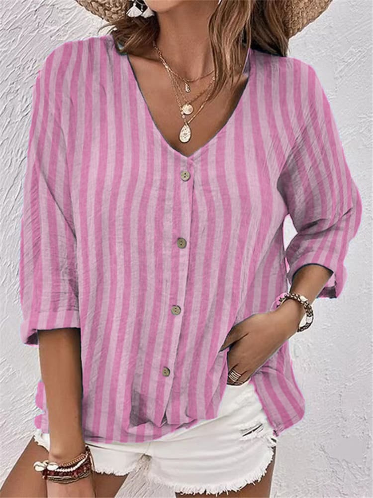 Women's casual cotton and linen striped long-sleeved shirt