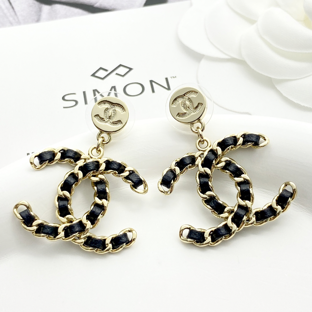 CHAN 24 button pendant leather double c earrings