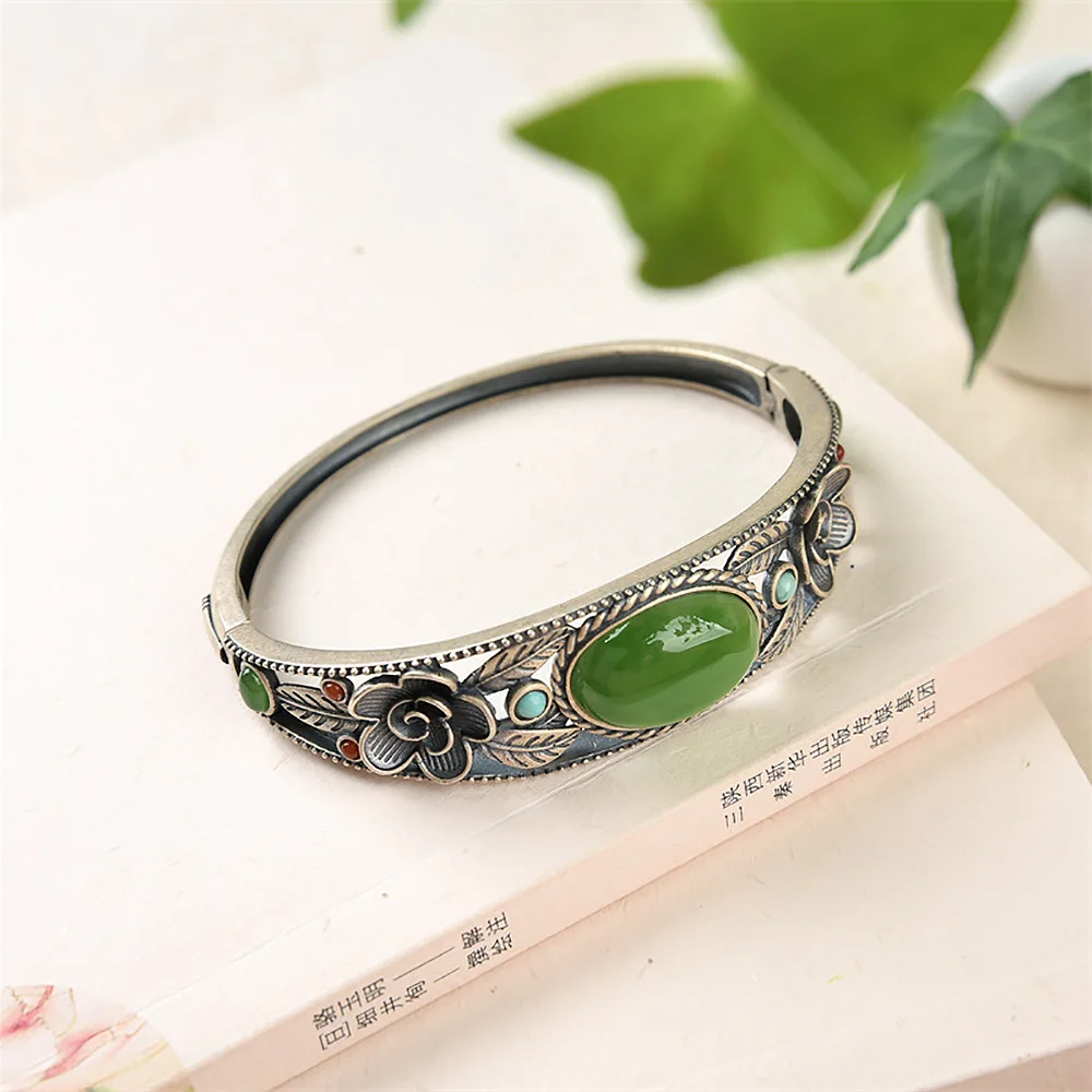 Natural Hotan Jade Luxury Women's Bracelets Bangles Red Agate Turquoise Carved Flowers Vintage New In Bracelets Punk Jewelry