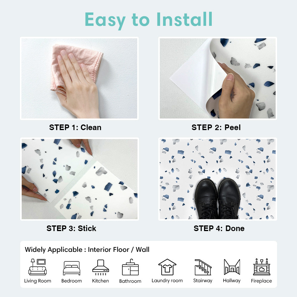 Blue and Grey Terrazzo Peel and Stick Vinyl Floor Tile Sticker