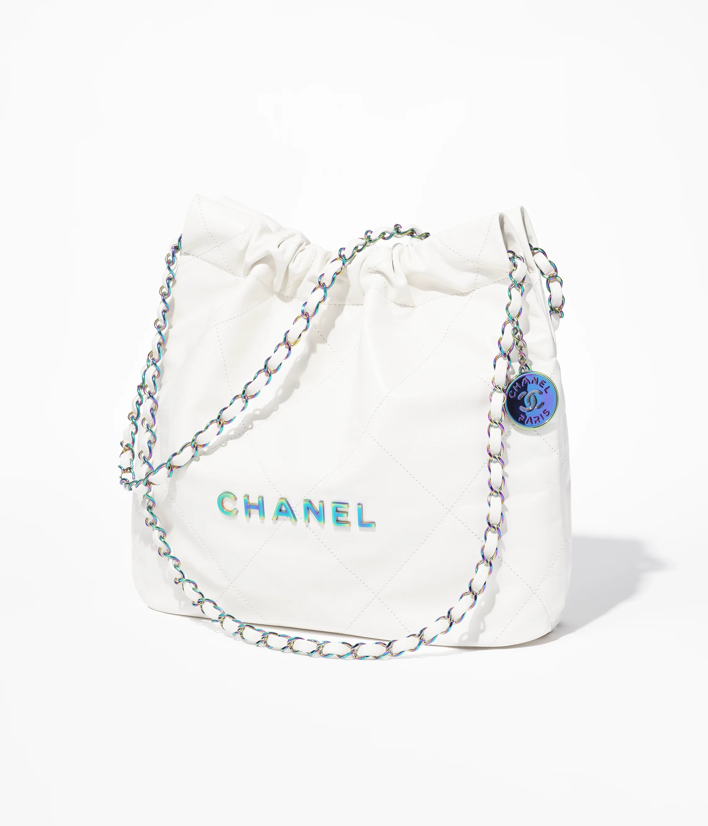 CHANEL 22 Small Handbag Shiny Calfskin & Rainbow Metal White AS3260-B15000-10601