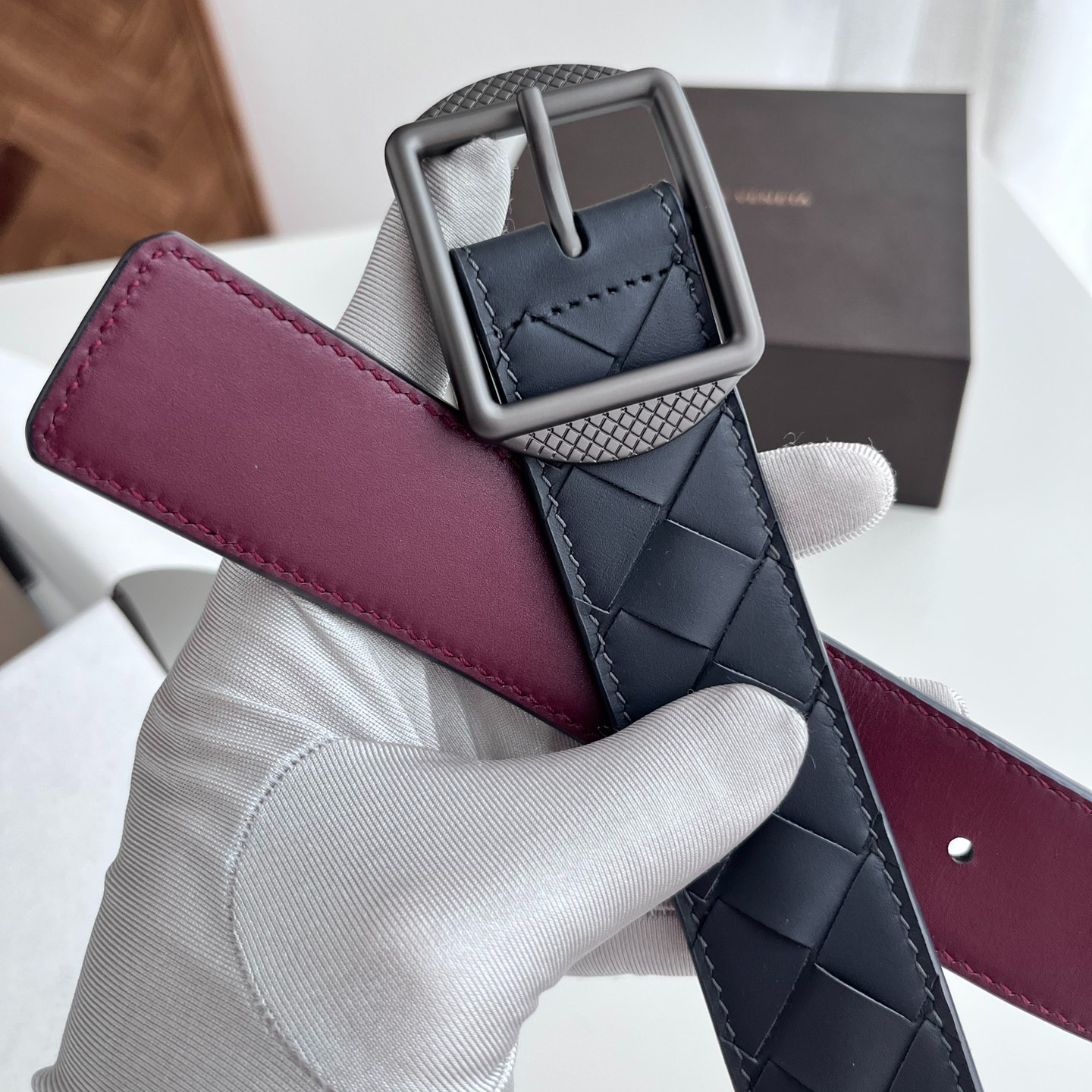 Bottega Veneta intreccio woven cowhide double-sided belt 3.5cm wide