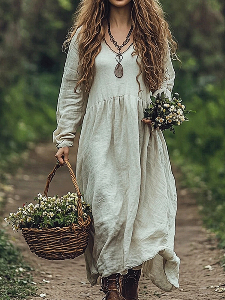 Women's Solid Color Linen Blend V-neck Loose Midi Dress