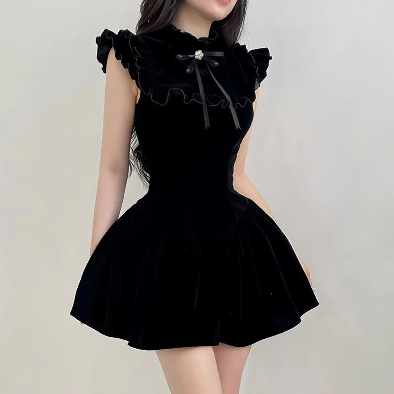 Elegant Flower Tied Bow Velvet Dress