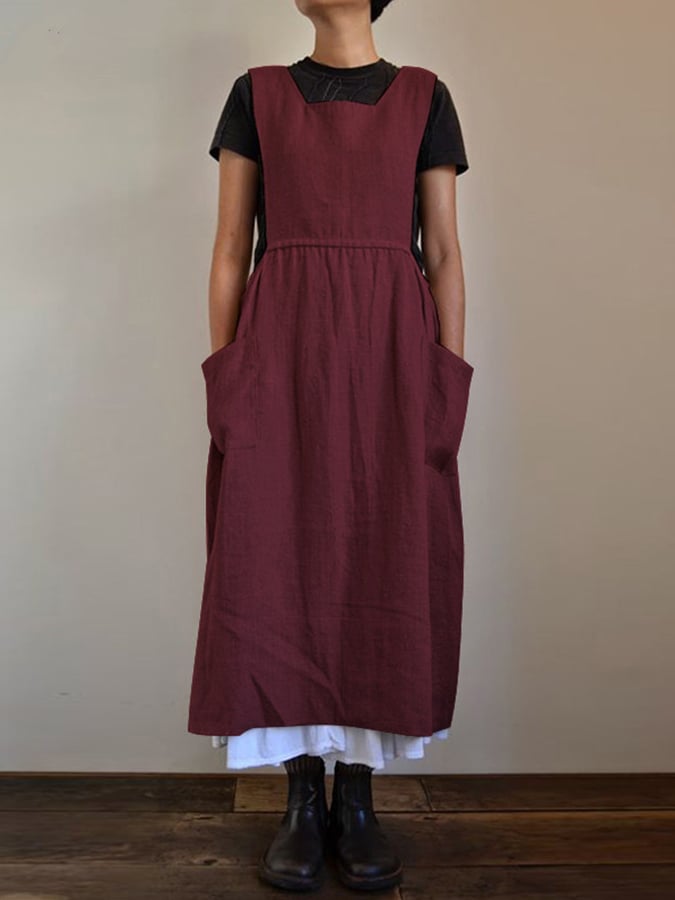 women's cotton linen high waist loose dress