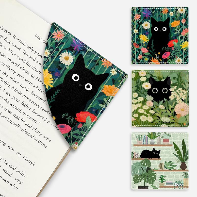 🔥ON SALE🔥3 Pcs Cute Black Cat Floral Corner Bookmarks - Funny Leather Book Accessories for Book Lovers