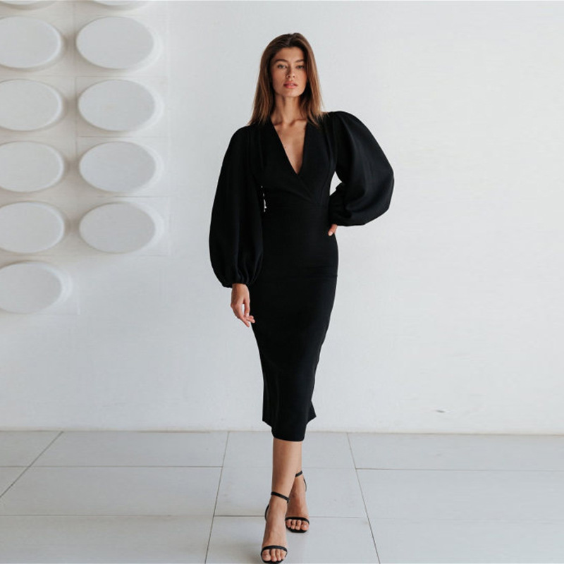 Pure color temperament commuter long skirt sexy deep v-neck lantern sleeve hip dress