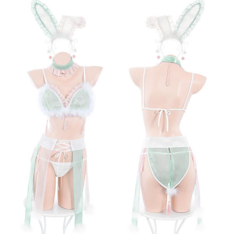 Cosplay Bunny Lace Bra With Tassels Lace-up Skirt Lingerie Set