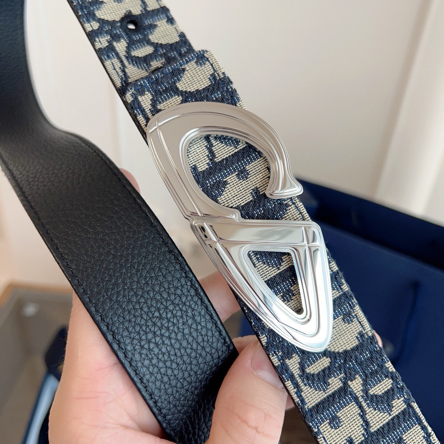 Dior Oblique Blue Cloth Black Cowhide Leather Strap 3.5cm Wide