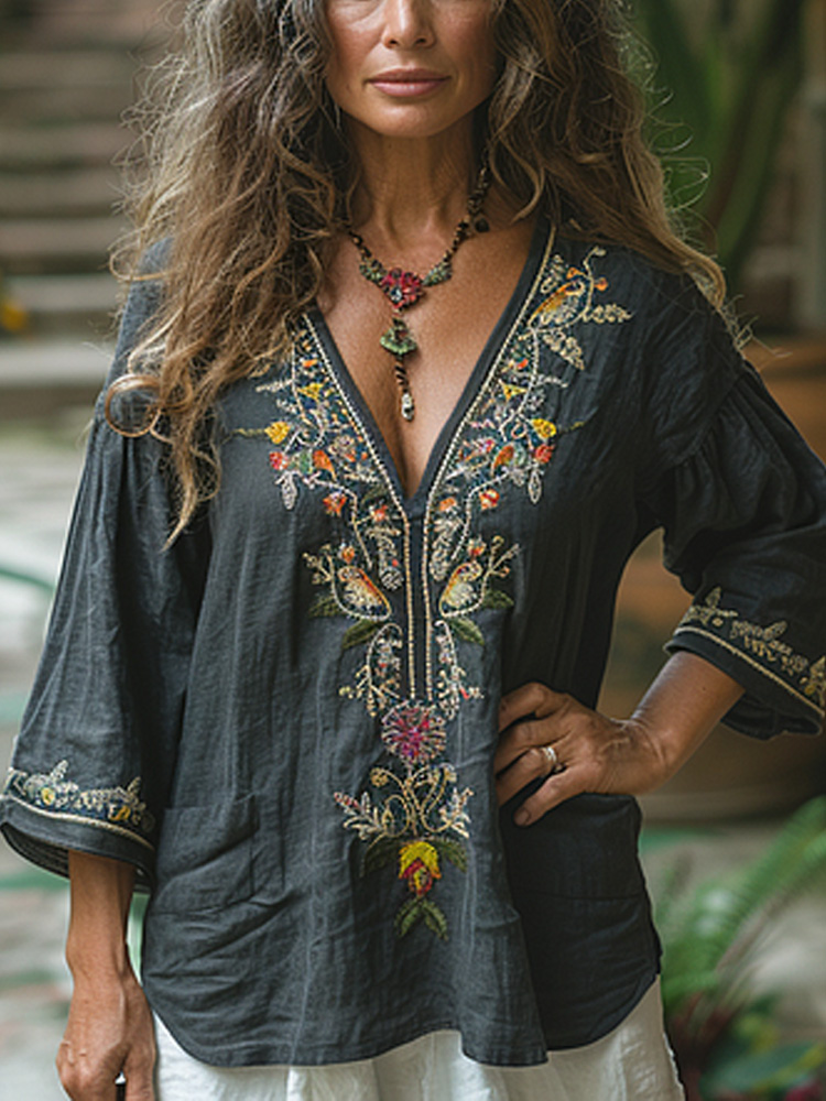 Women's Vintage Linen Bohemian Print Shirt