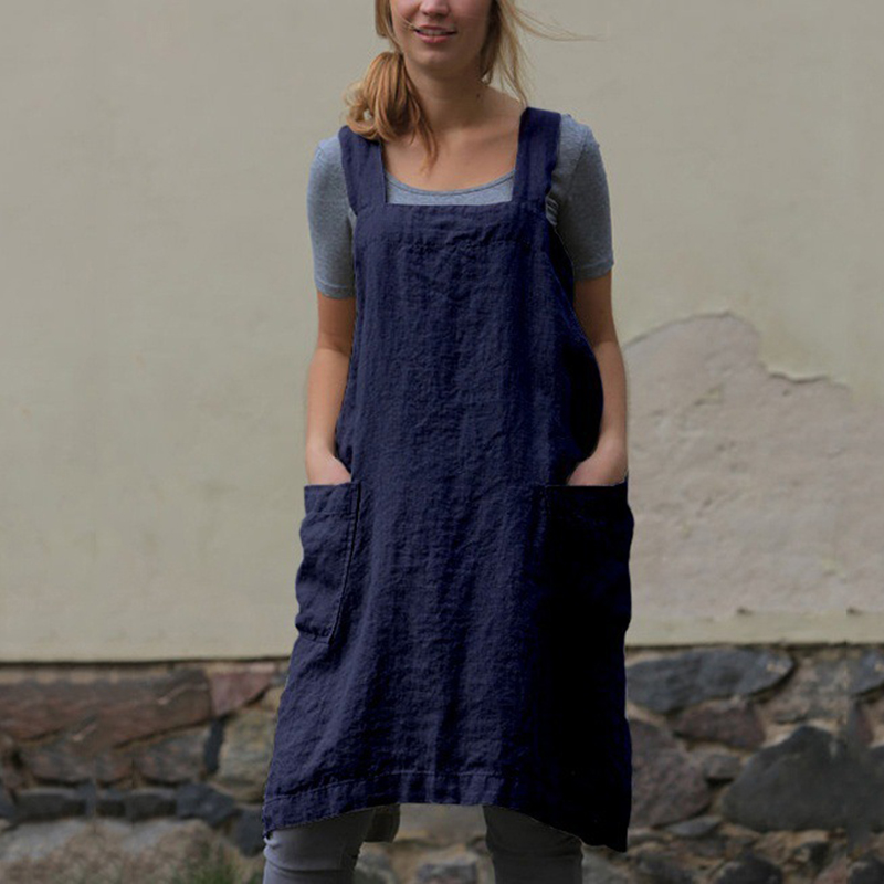 Retro solid color side pocket cotton apron dress