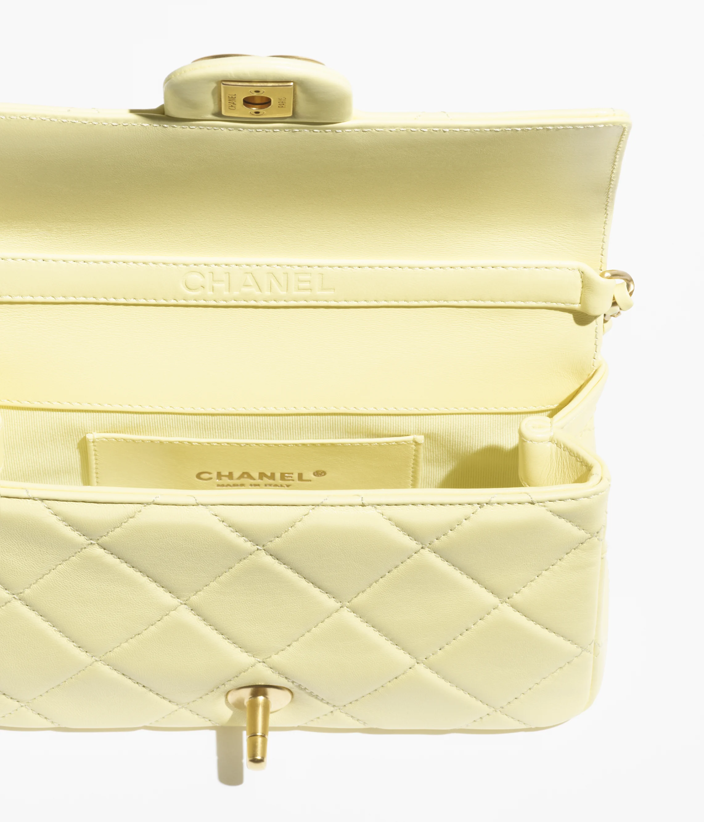 Chanel Mini Flap Bag with Top Handle Shiny Lambskin, Imitation Pearls & Gold-Tone Metal Light Yellow AS5399-B19655-NAAUK