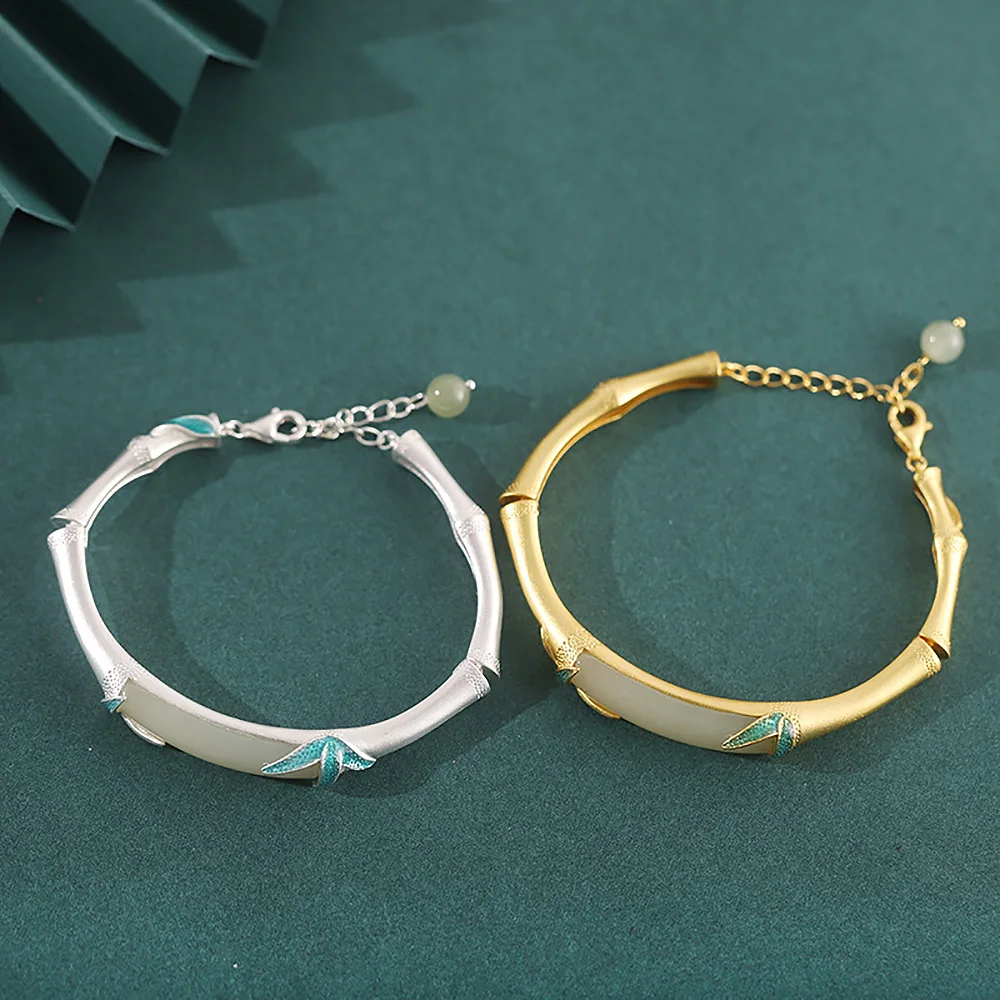 Luxury Bamboo Joint Women's Bracelets Natural Hotan Jade Gilded Jewelry Trendy Retro Adjustable Bangles For Women Couples Gifts