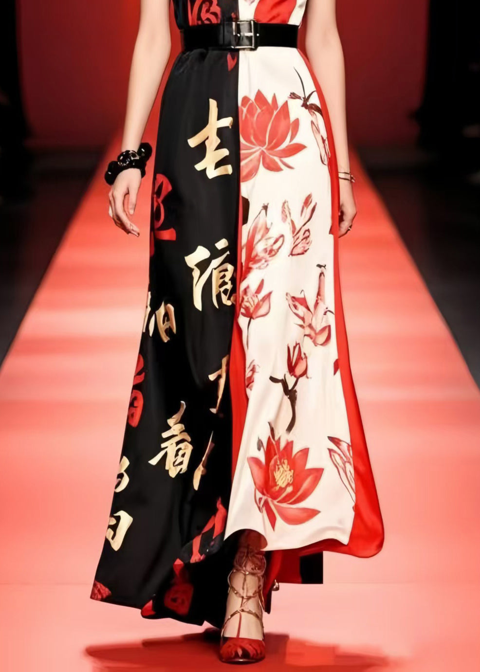 French Colorblock Cinched Print Silk Maxi Dresses Sleeveless