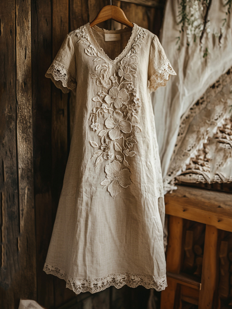 Women's Retro Lace Embroidery Art Midi Dress