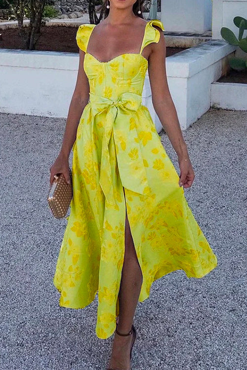 Heididress Ruffled Shoulder Bow Knot Waist Slit Printed Vintage Party Dress