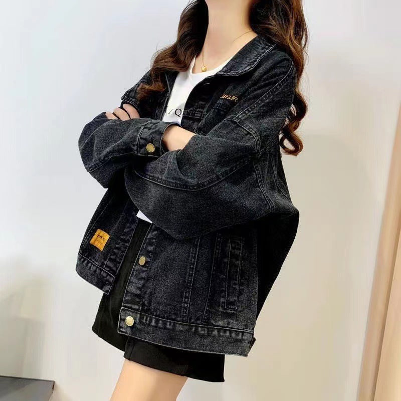 Slimming Loose Black Denim Jacket for Women with Embroidered Lettering