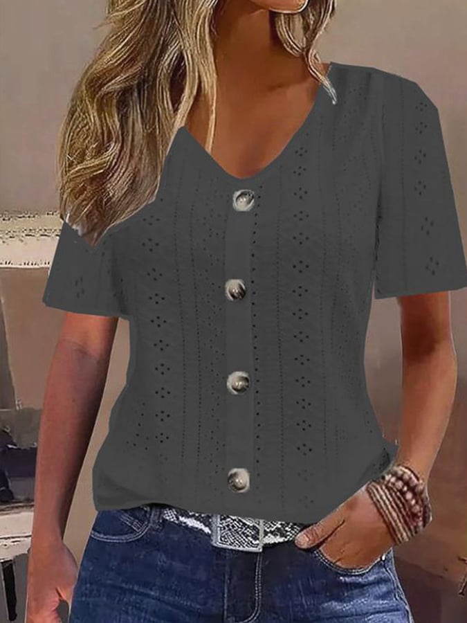 Women's Textured Fabric V-Neck Button Design Casual Shirt