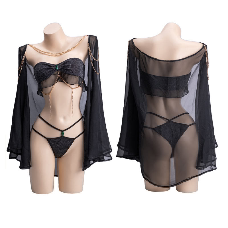 Sexy Chain Decor Tube Top G-string Mesh Shawl Lingerie